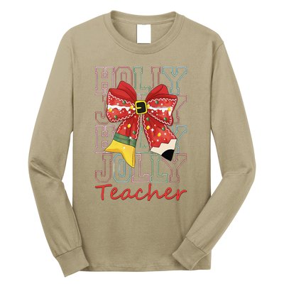 Holly Xmas Jolly Teacher Christmas Vibes Coquette Bow Retro Long Sleeve Shirt