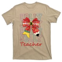 Holly Xmas Jolly Teacher Christmas Vibes Coquette Bow Retro T-Shirt