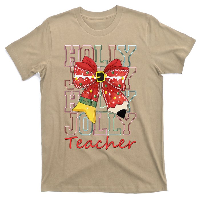 Holly Xmas Jolly Teacher Christmas Vibes Coquette Bow Retro T-Shirt