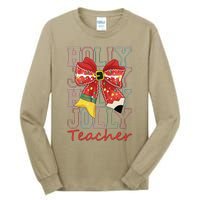 Holly Xmas Jolly Teacher Christmas Vibes Coquette Bow Retro Tall Long Sleeve T-Shirt