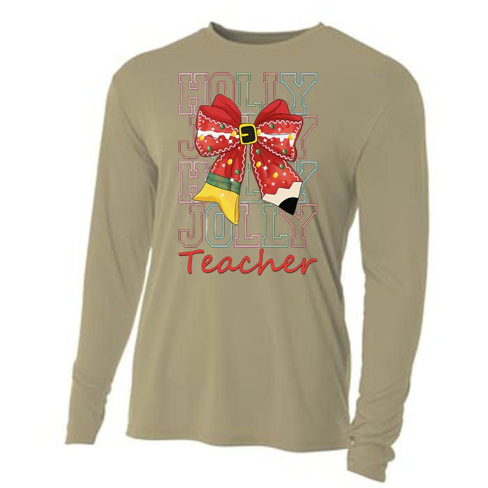 Holly Xmas Jolly Teacher Christmas Vibes Coquette Bow Retro Cooling Performance Long Sleeve Crew