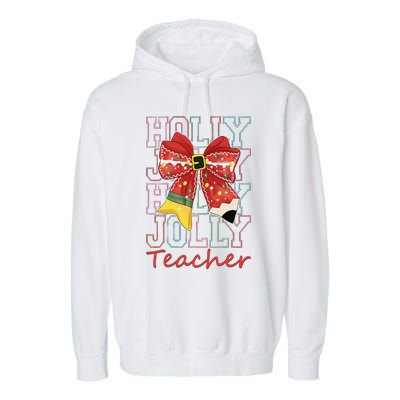 Holly Xmas Jolly Teacher Christmas Vibes Coquette Bow Retro Garment-Dyed Fleece Hoodie