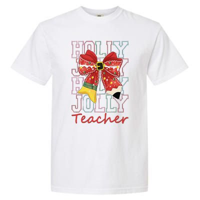 Holly Xmas Jolly Teacher Christmas Vibes Coquette Bow Retro Garment-Dyed Heavyweight T-Shirt