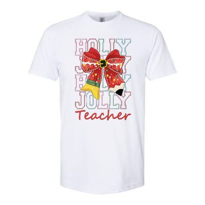 Holly Xmas Jolly Teacher Christmas Vibes Coquette Bow Retro Softstyle CVC T-Shirt