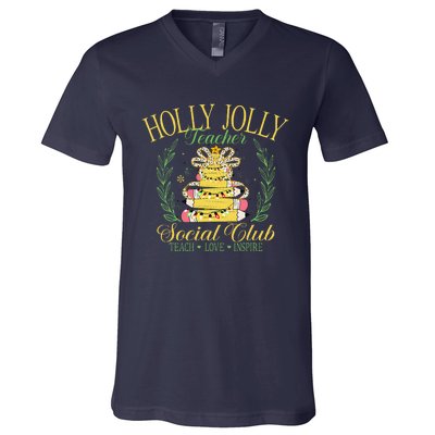 Holly Xmas Jolly Teacher Christmas Coquette Bow Retro Xmas V-Neck T-Shirt