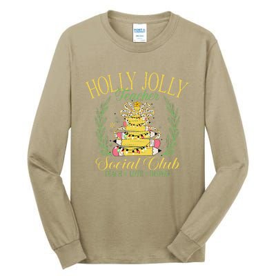 Holly Xmas Jolly Teacher Christmas Coquette Bow Retro Xmas Tall Long Sleeve T-Shirt