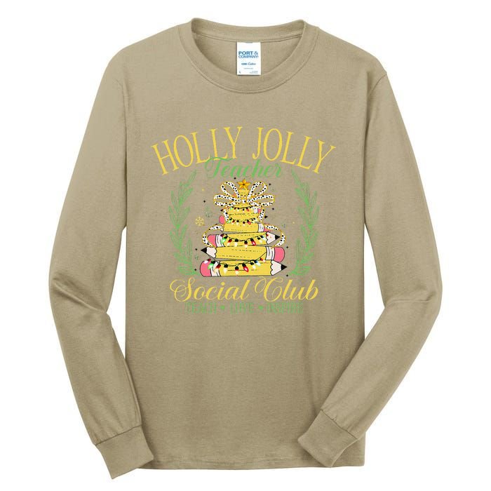 Holly Xmas Jolly Teacher Christmas Coquette Bow Retro Xmas Tall Long Sleeve T-Shirt