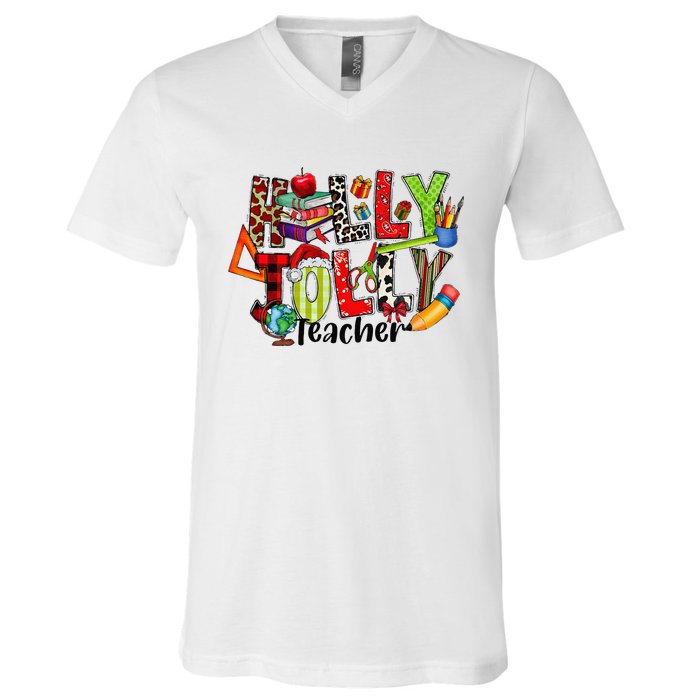 Holly Xmas Jolly Teacher Elements Christmas Teaching Pajama V-Neck T-Shirt