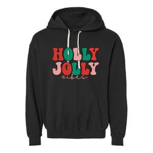 Holly Xmas Jolly Vibes Groovy Retro Hippie Christmas Pajamas Garment-Dyed Fleece Hoodie