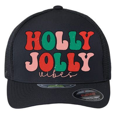 Holly Xmas Jolly Vibes Groovy Retro Hippie Christmas Pajamas Flexfit Unipanel Trucker Cap