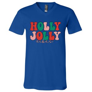 Holly Xmas Jolly Vibes Groovy Retro Hippie Christmas Pajamas V-Neck T-Shirt