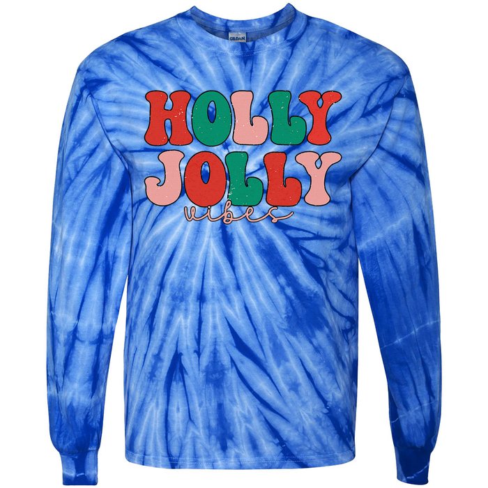 Holly Xmas Jolly Vibes Groovy Retro Hippie Christmas Pajamas Tie-Dye Long Sleeve Shirt