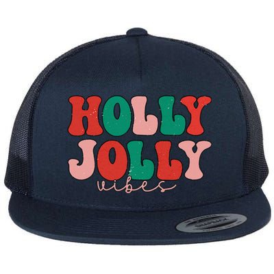 Holly Xmas Jolly Vibes Groovy Retro Hippie Christmas Pajamas Flat Bill Trucker Hat