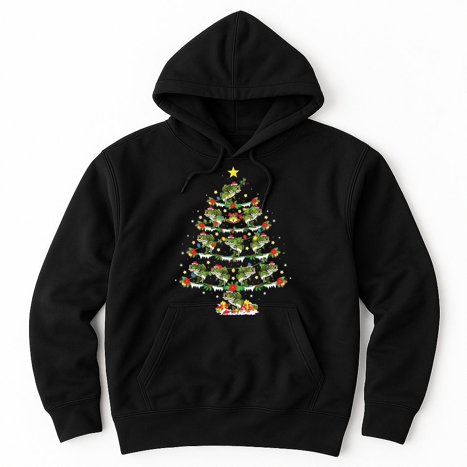 Holiday Xmas Lighting Santa Bass Fish Christmas Tree Hoodie