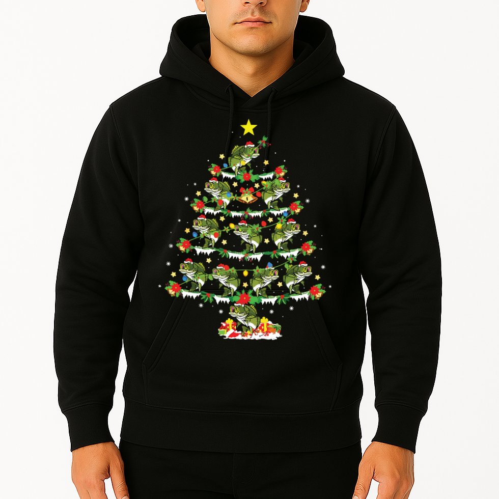 Holiday Xmas Lighting Santa Bass Fish Christmas Tree Hoodie