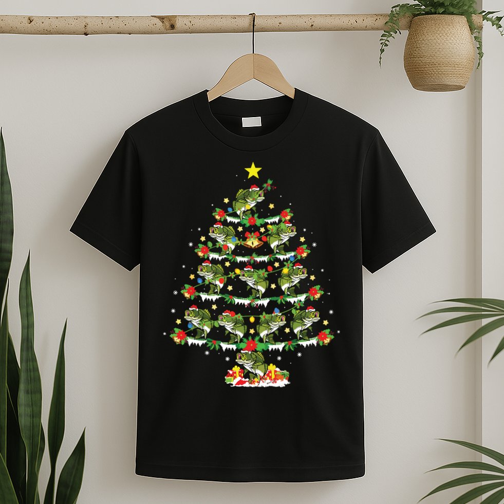 Holiday Xmas Lighting Santa Bass Fish Christmas Tree T-Shirt