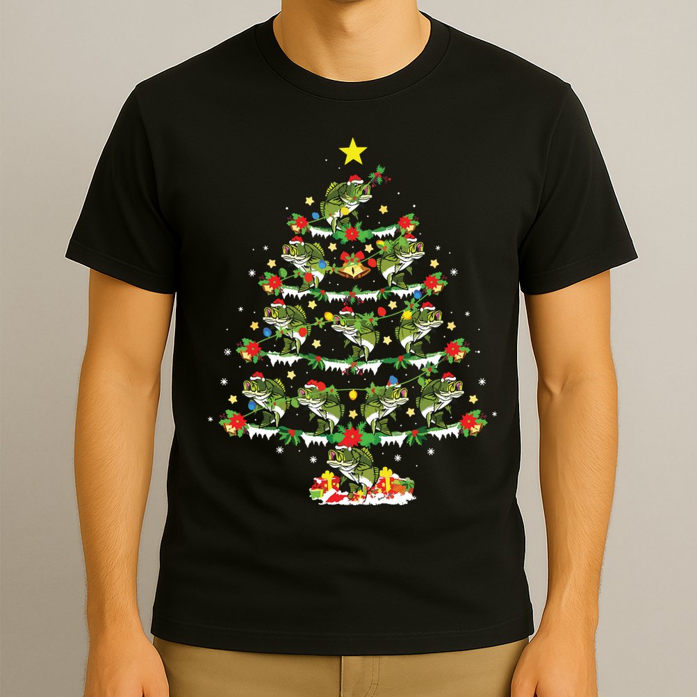Holiday Xmas Lighting Santa Bass Fish Christmas Tree T-Shirt