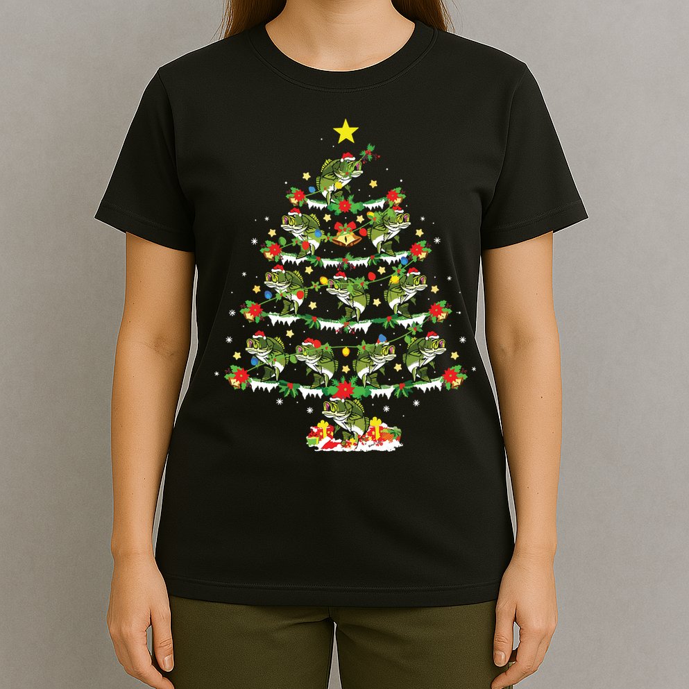 Holiday Xmas Lighting Santa Bass Fish Christmas Tree T-Shirt