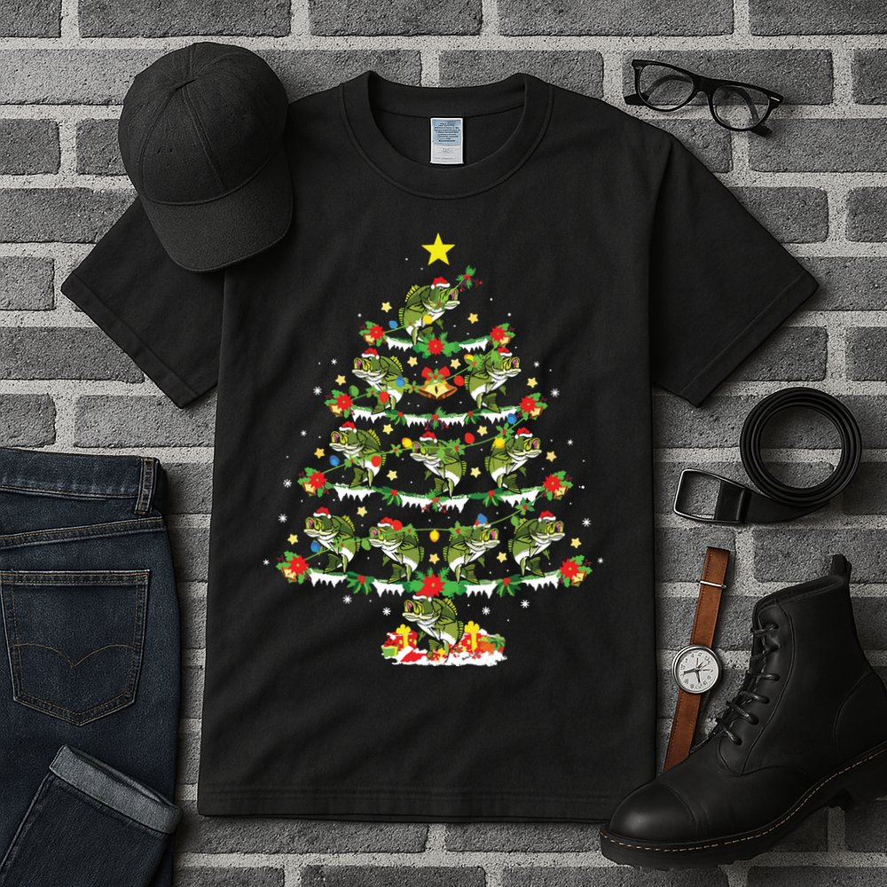 Holiday Xmas Lighting Santa Bass Fish Christmas Tree Tall T-Shirt