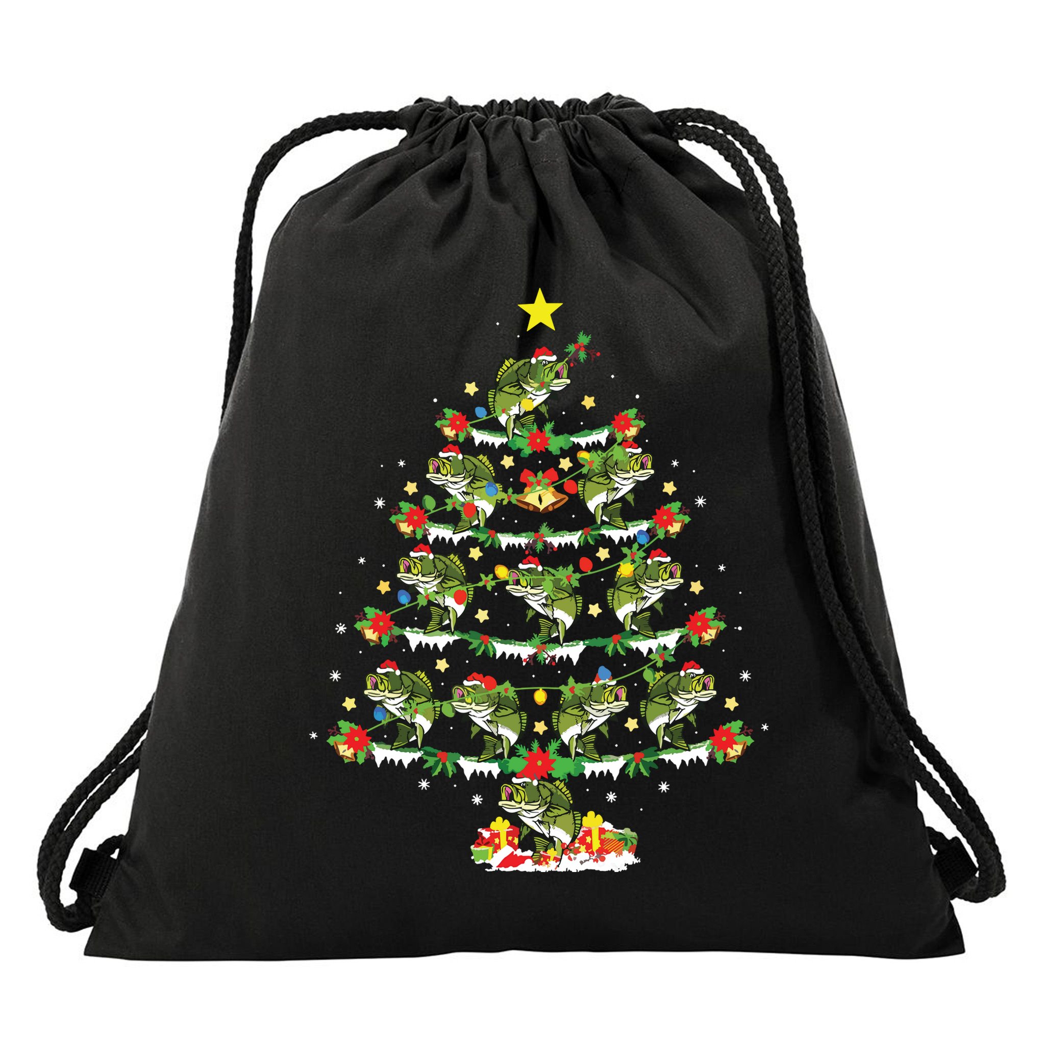 Holiday Xmas Lighting Santa Bass Fish Christmas Tree Drawstring Bag