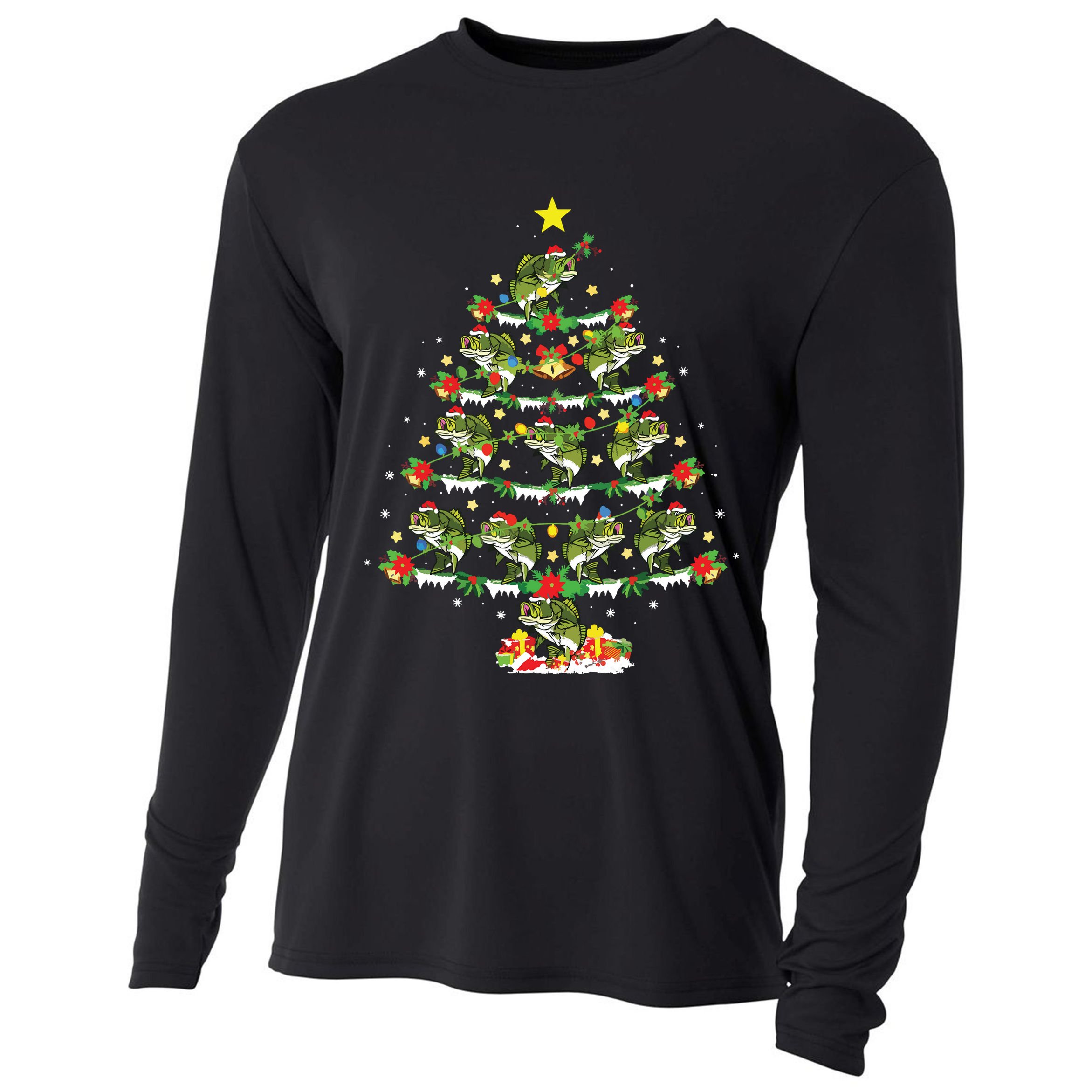 Holiday Xmas Lighting Santa Bass Fish Christmas Tree Cooling Performance Long Sleeve Crew