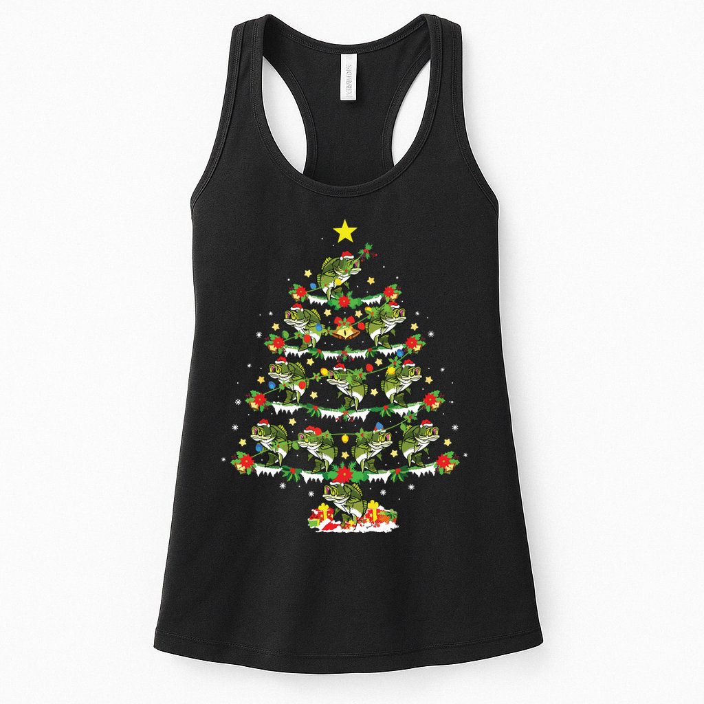 Holiday Xmas Lighting Santa Bass Fish Christmas Tree Womens Tank Top