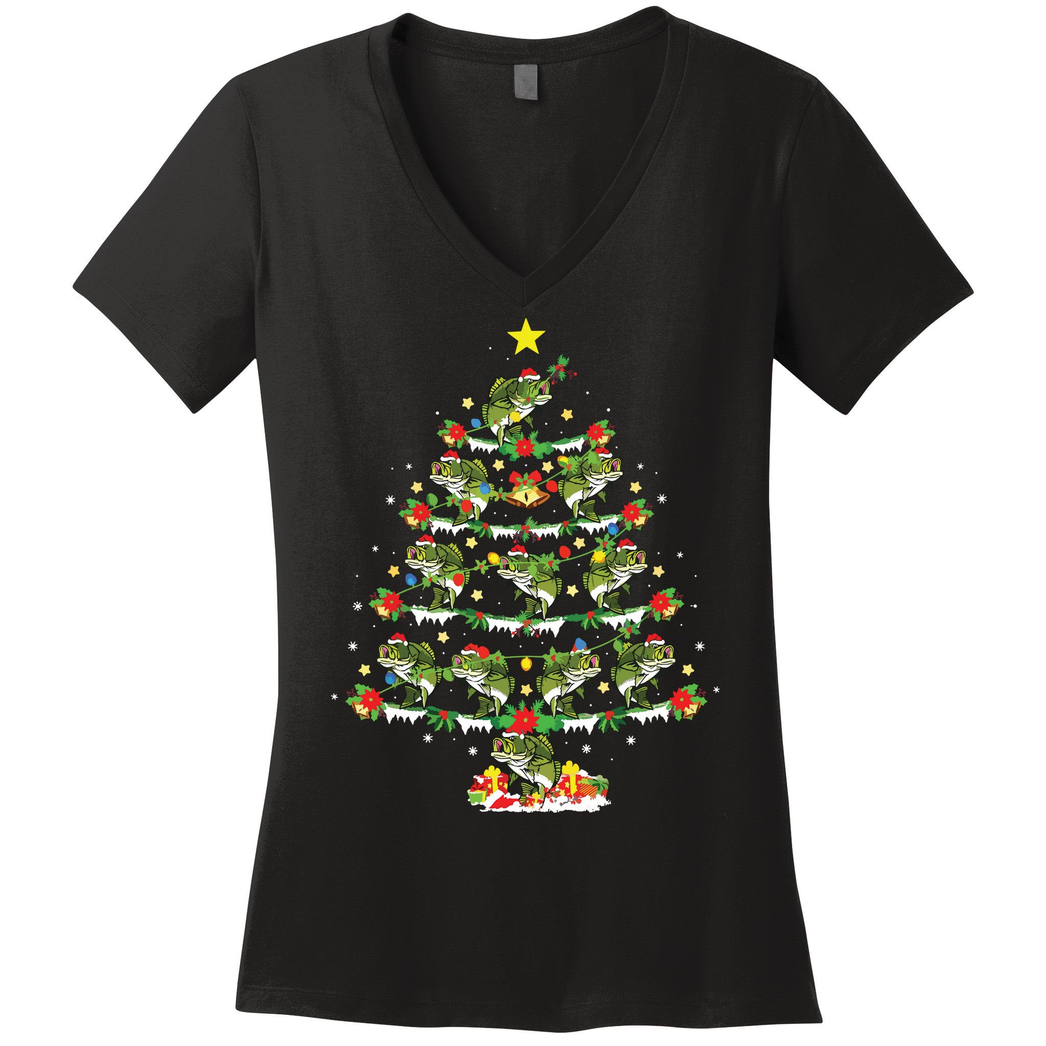 Holiday Xmas Lighting Santa Bass Fish Christmas Tree Women's V-Neck T-Shirt
