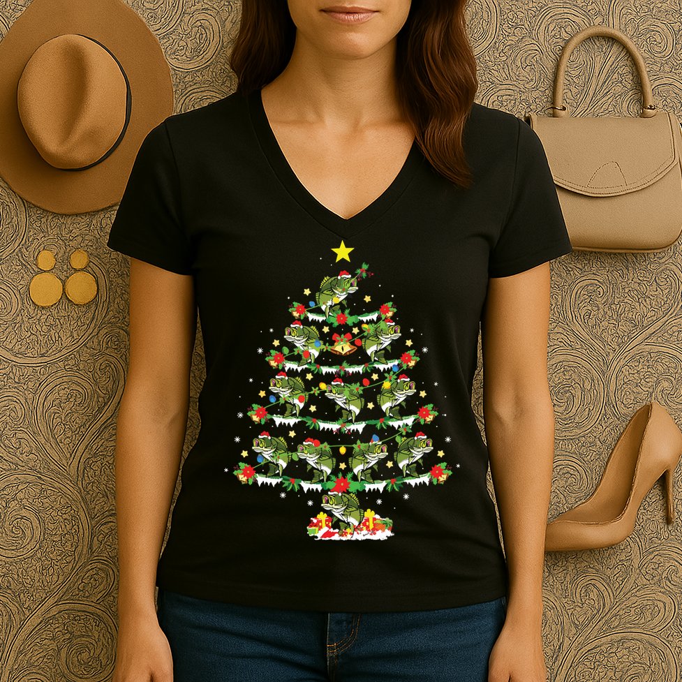 Holiday Xmas Lighting Santa Bass Fish Christmas Tree Women's V-Neck T-Shirt