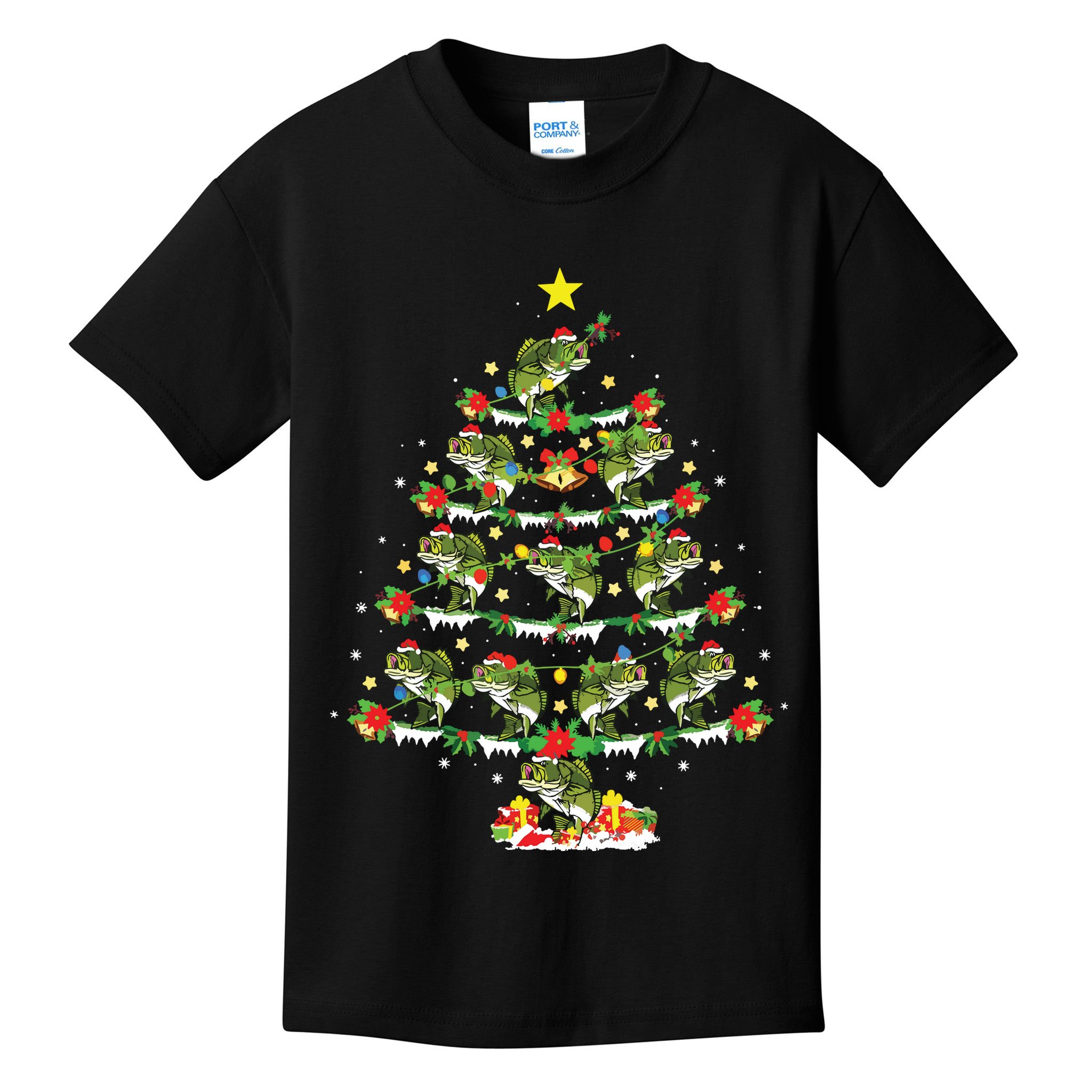 Holiday Xmas Lighting Santa Bass Fish Christmas Tree Kids T-Shirt