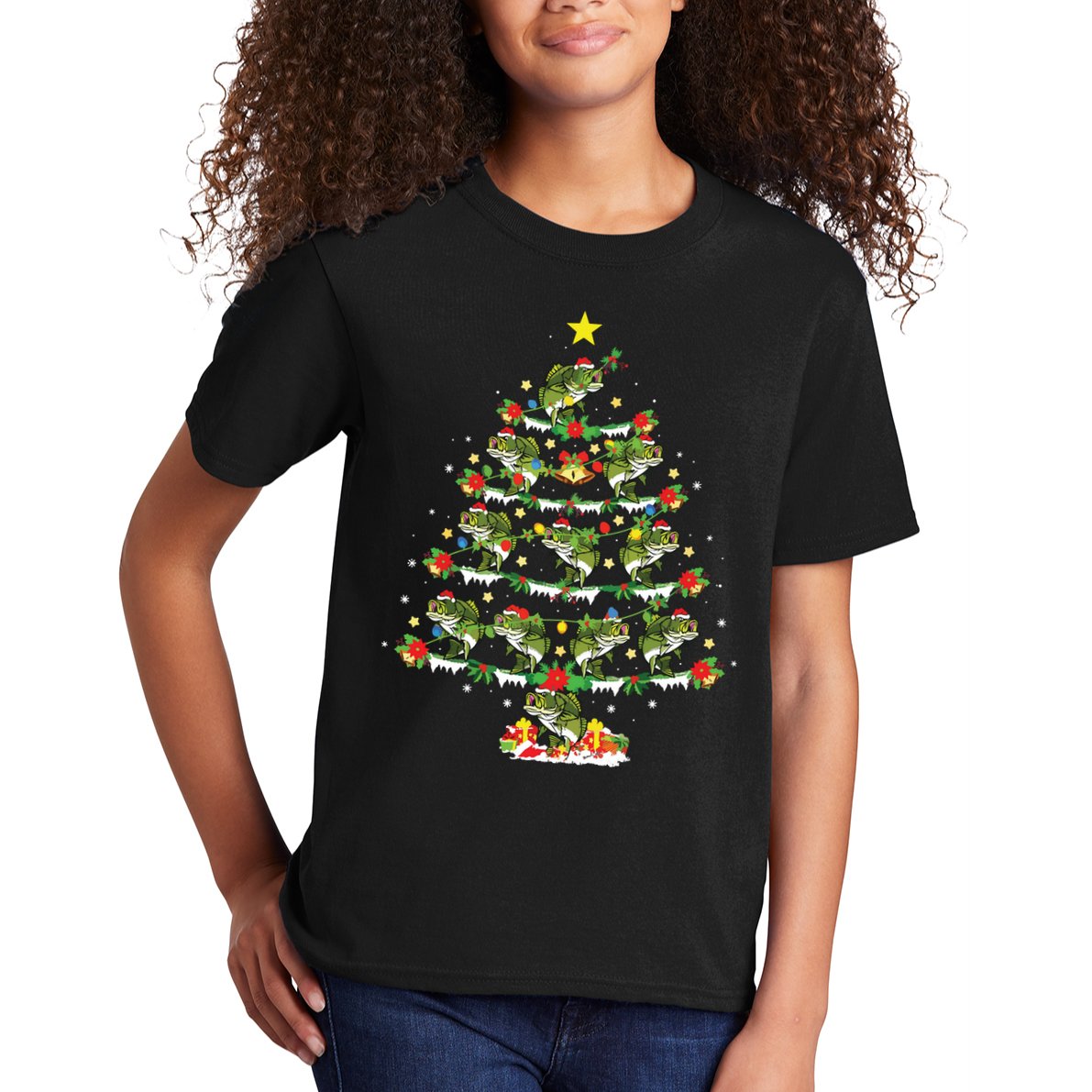 Holiday Xmas Lighting Santa Bass Fish Christmas Tree Kids T-Shirt