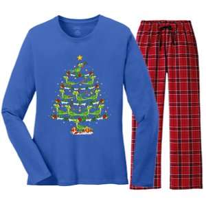 Holiday Xmas Lighting Santa Velociraptors Christmas Tree Gift Women's Long Sleeve Flannel Pajama Set 