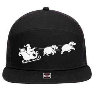 Hippopotamus Xmas Santa Sleigh Hippos Christmas 7 Panel Mesh Trucker Snapback Hat