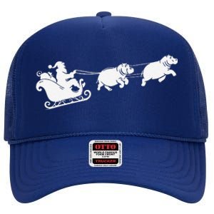 Hippopotamus Xmas Santa Sleigh Hippos Christmas High Crown Mesh Back Trucker Hat