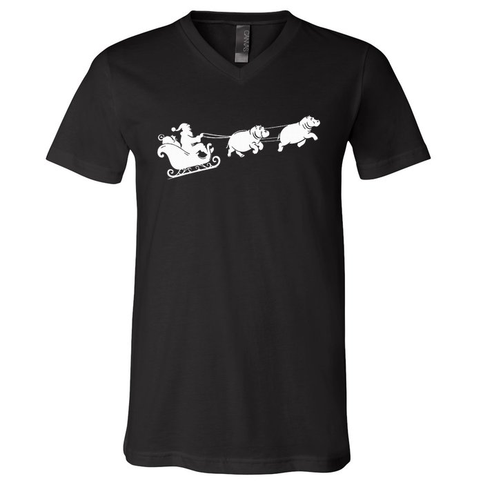 Hippopotamus Xmas Santa Sleigh Hippos Christmas V-Neck T-Shirt