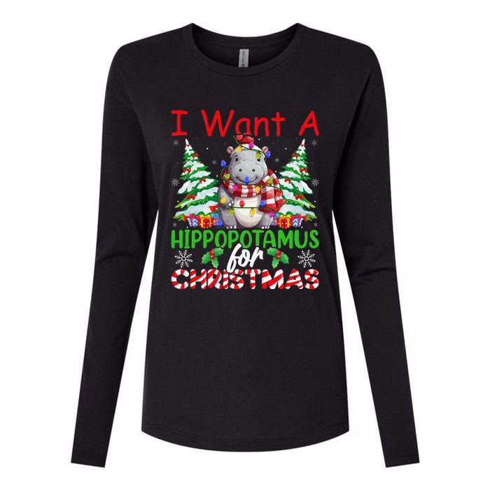 Hippo Xmas Tree Lights I Want A Hippopotamus For Christmas Gift Womens Cotton Relaxed Long Sleeve T-Shirt