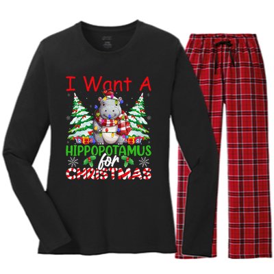 Hippo Xmas Tree Lights I Want A Hippopotamus For Christmas Gift Women's Long Sleeve Flannel Pajama Set 