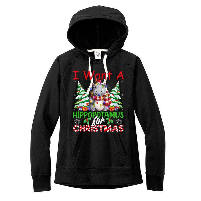 Hippo Xmas Tree Lights I Want A Hippopotamus For Christmas Gift Women's Fleece Hoodie