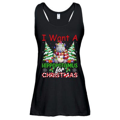 Hippo Xmas Tree Lights I Want A Hippopotamus For Christmas Gift Ladies Essential Flowy Tank