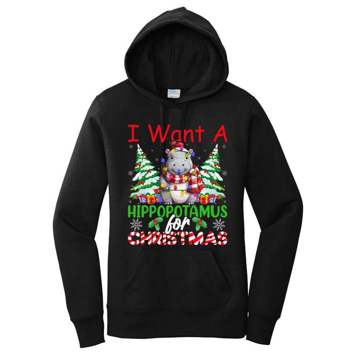 Hippo Xmas Tree Lights I Want A Hippopotamus For Christmas Gift Women's Pullover Hoodie