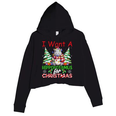 Hippo Xmas Tree Lights I Want A Hippopotamus For Christmas Gift Crop Fleece Hoodie