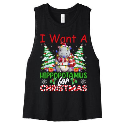 Hippo Xmas Tree Lights I Want A Hippopotamus For Christmas Gift Women's Racerback Cropped Tank