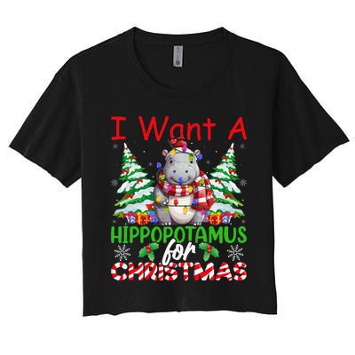 Hippo Xmas Tree Lights I Want A Hippopotamus For Christmas Gift Women's Crop Top Tee