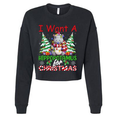 Hippo Xmas Tree Lights I Want A Hippopotamus For Christmas Gift Cropped Pullover Crew