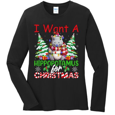 Hippo Xmas Tree Lights I Want A Hippopotamus For Christmas Gift Ladies Long Sleeve Shirt