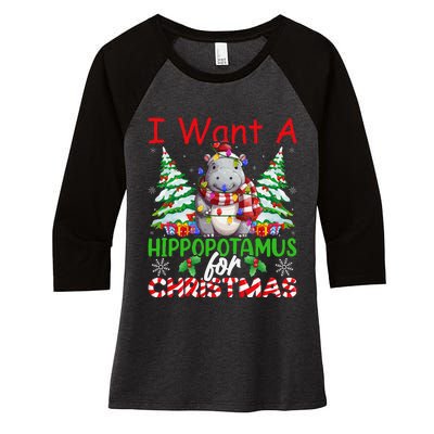 Hippo Xmas Tree Lights I Want A Hippopotamus For Christmas Gift Women's Tri-Blend 3/4-Sleeve Raglan Shirt