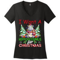 Hippo Xmas Tree Lights I Want A Hippopotamus For Christmas Gift Women's V-Neck T-Shirt