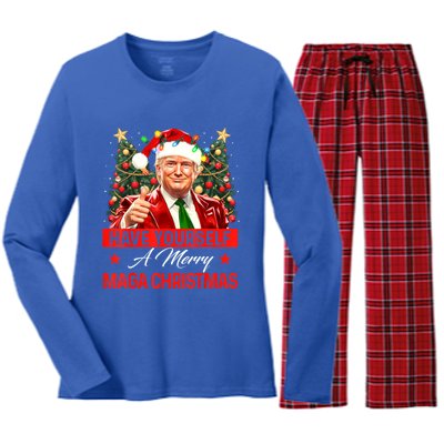 Have Yourself A Merry Maga Christmas Santa Funny Trump Xmas Gift Women's Long Sleeve Flannel Pajama Set 