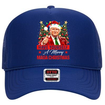 Have Yourself A Merry Maga Christmas Santa Funny Trump Xmas Gift High Crown Mesh Back Trucker Hat