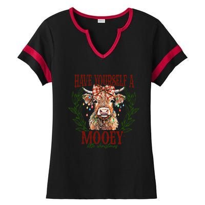 Have Yourself A Mooey Little Christmas Highland Cow Ladies Halftime Notch Neck Tee