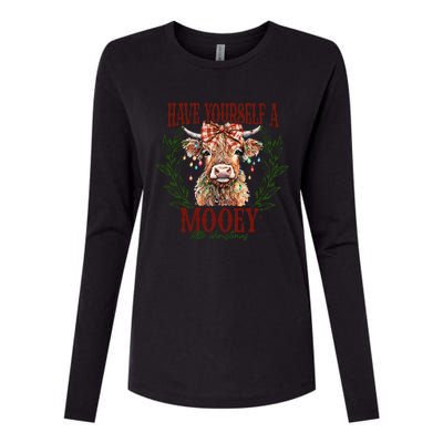 Have Yourself A Mooey Little Christmas Highland Cow Womens Cotton Relaxed Long Sleeve T-Shirt